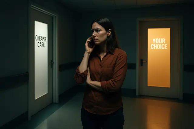 A woman on the phone in a corridor between two doors marked Cheaper Care and Your Choice.