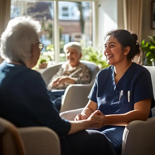 A carer holding a resident's hands in a sunny lounge.