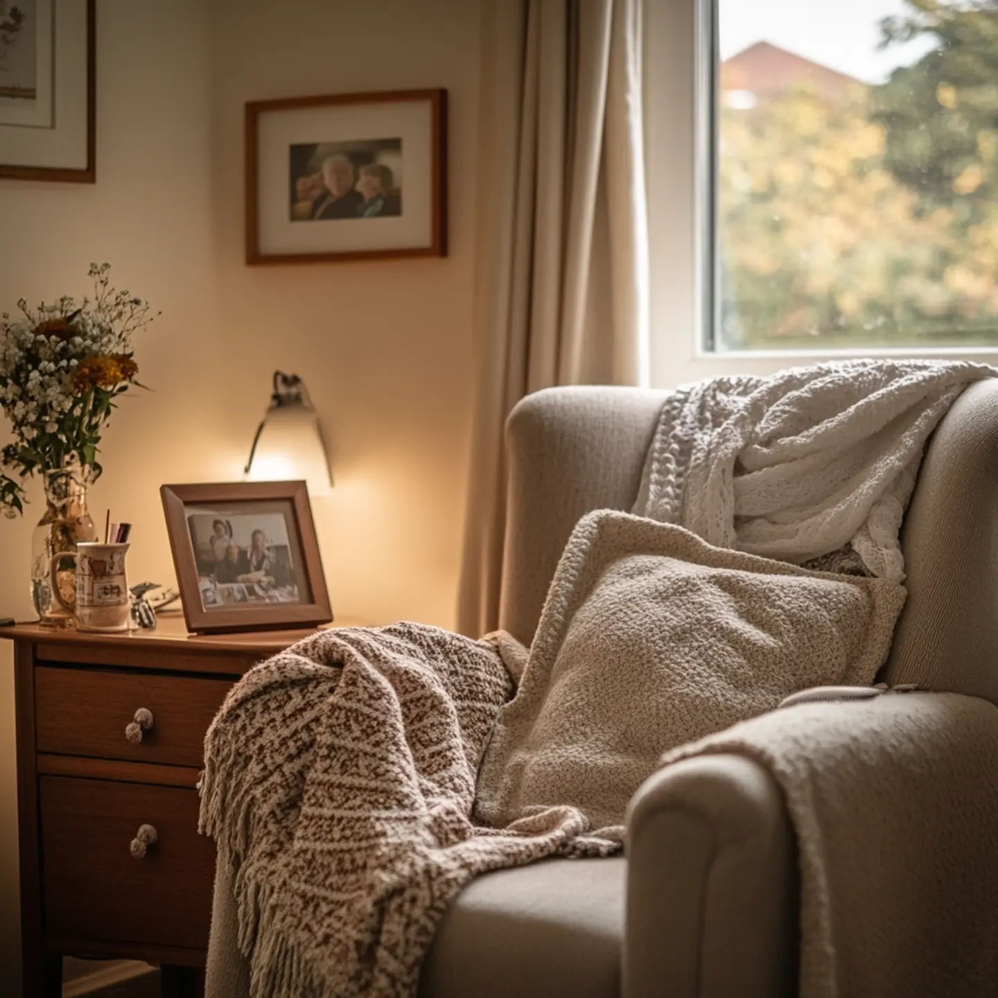 An armchair with a knitted throw beside a lamp and framed family photographs.