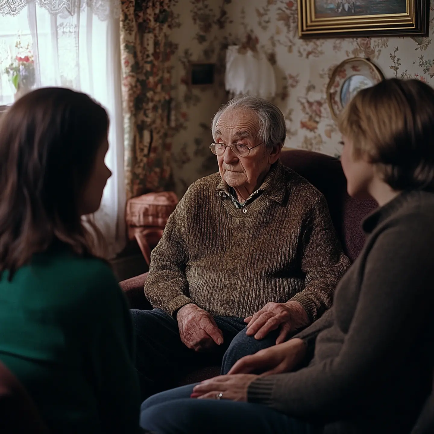 A man in a cardigan talking with two family members in a sitting room.