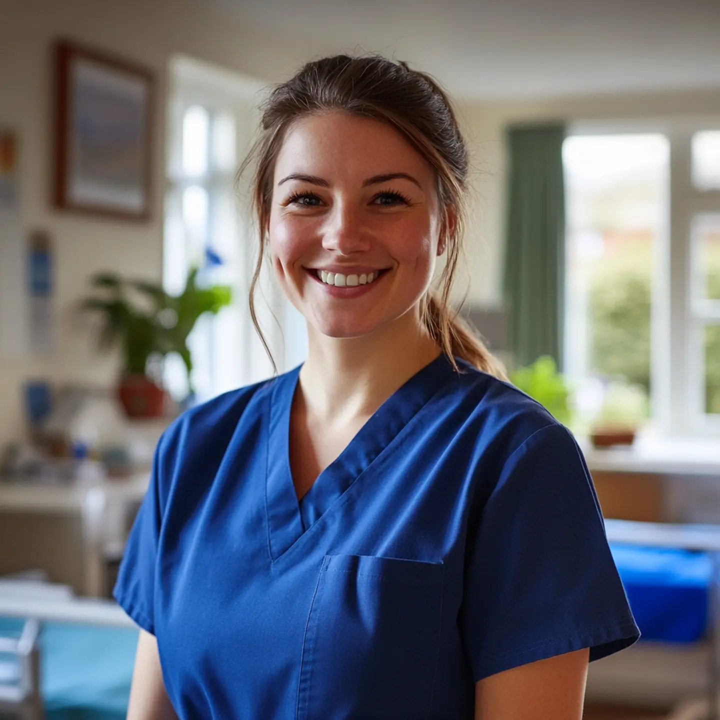 A carer in blue scrubs smiling in a bright room.