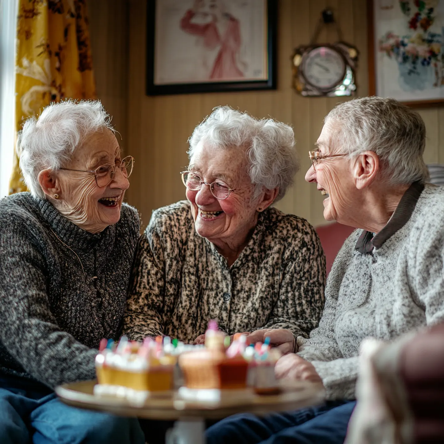 Three people laughing together over a plate of birthday cupcakes.
