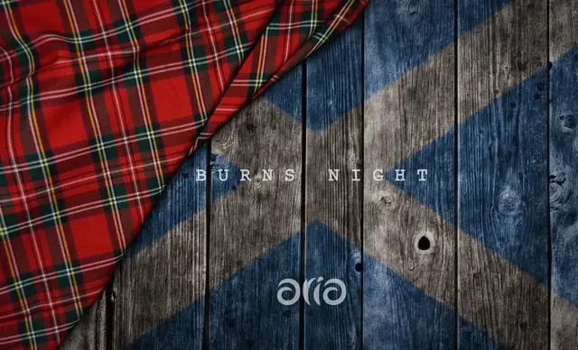 A Burns Night graphic of tartan and the Scottish saltire, with the Aria logo.